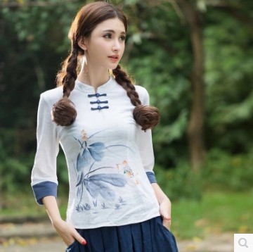 文艺范手绘印花 素麻七分袖九分袖长袖T恤上衣